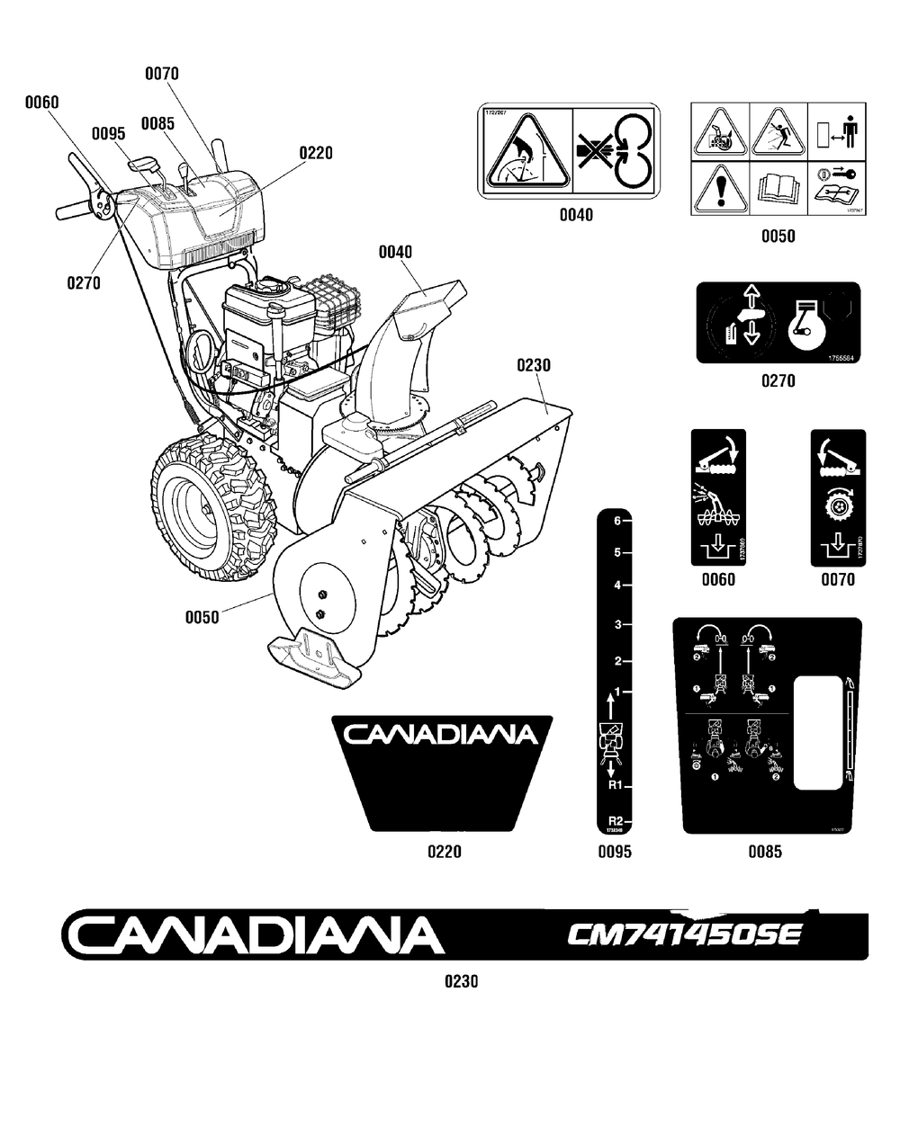 Decals Group Diagram and Parts List for 1696484-00-CM741450SE  Briggs and Stratton Snow Blower